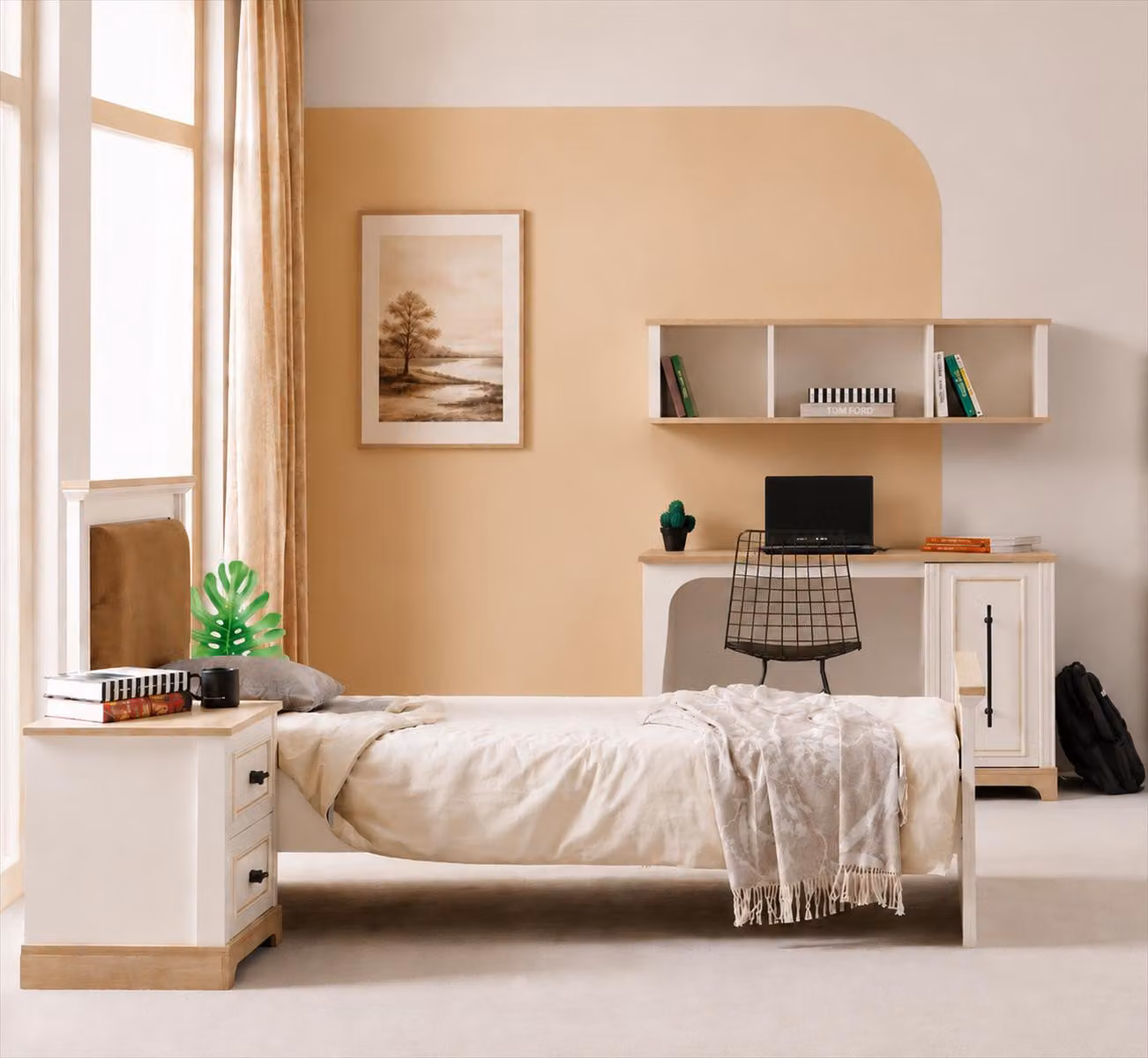 Letto singolo, letto per ragazzi, beige, design moderno, testiera, camera da letto, aspetto naturale