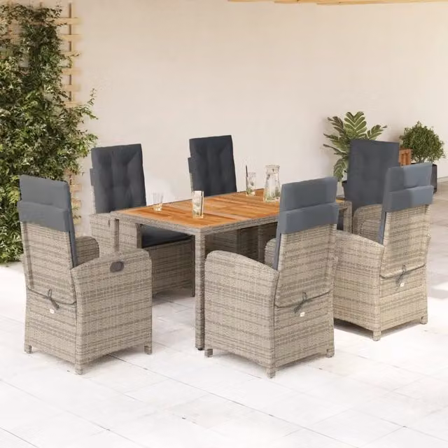 Set da pranzo da giardino vidaXL in legno di acacia oliato e polyrattan con piano in vetro, 7 pezzi, Grigio e Marrone