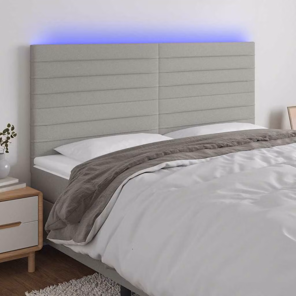 Testiera per letto vidaXL in tessuto grigio con illuminazione LED e porta USB, L 200 cm x H 118/128 cm x P 5 cm