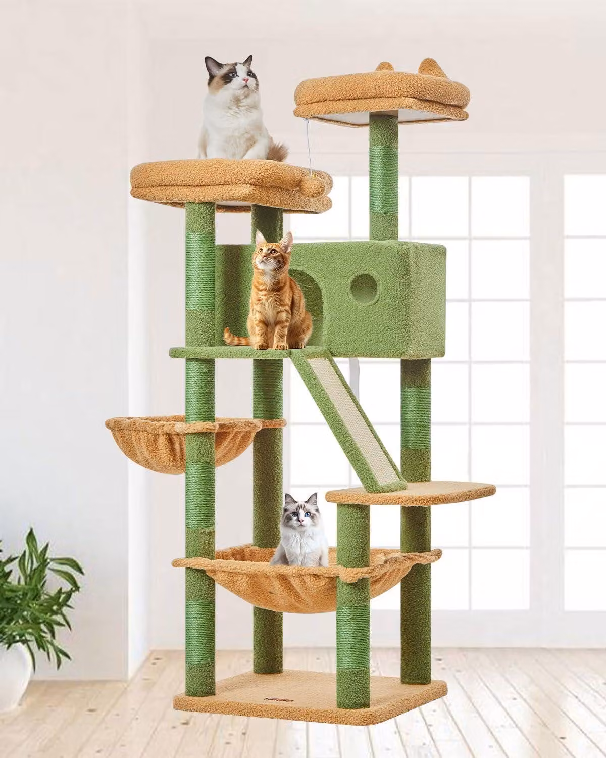 Albero per gatti di 146 cm, con 7 pali per graffiare, 2 piattaforme, 1 tana, completo di amaca e palline di peluche, ideale per gatti di grossa taglia