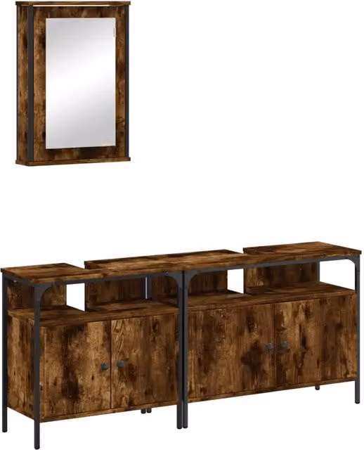Set Mobili da Bagno Industrial in Legno e Metallo Marrone con Armadietto Specchio e Mobile Lavabo