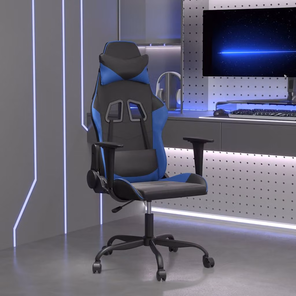 Sedia da Gaming vidaXL Nera e Blu in Similpelle con Poggiatesta e Ruote Girevoli 360 Gradi