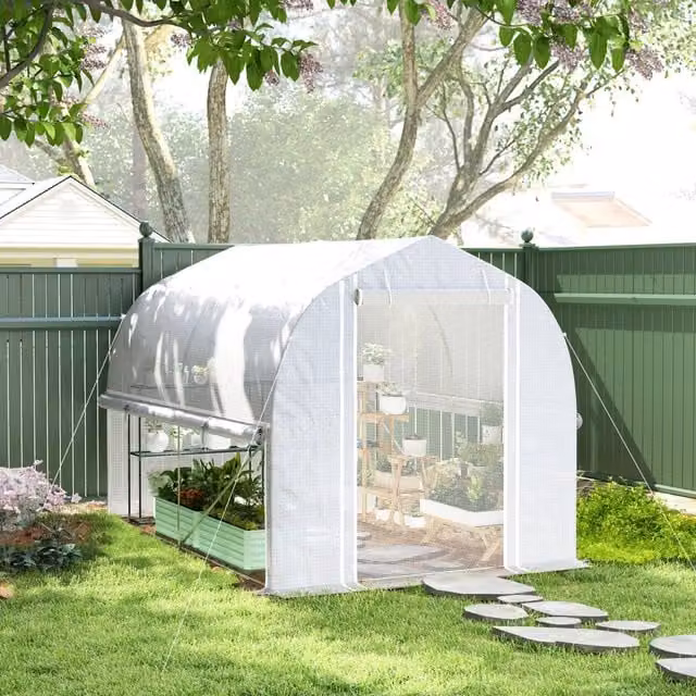 Serra da giardino WISHDOR con struttura in acciaio zincato e copertura in plastica, porta avvolgibile e finestre, bianca, L/P/H: 300 x 200 x 200 cm – 1