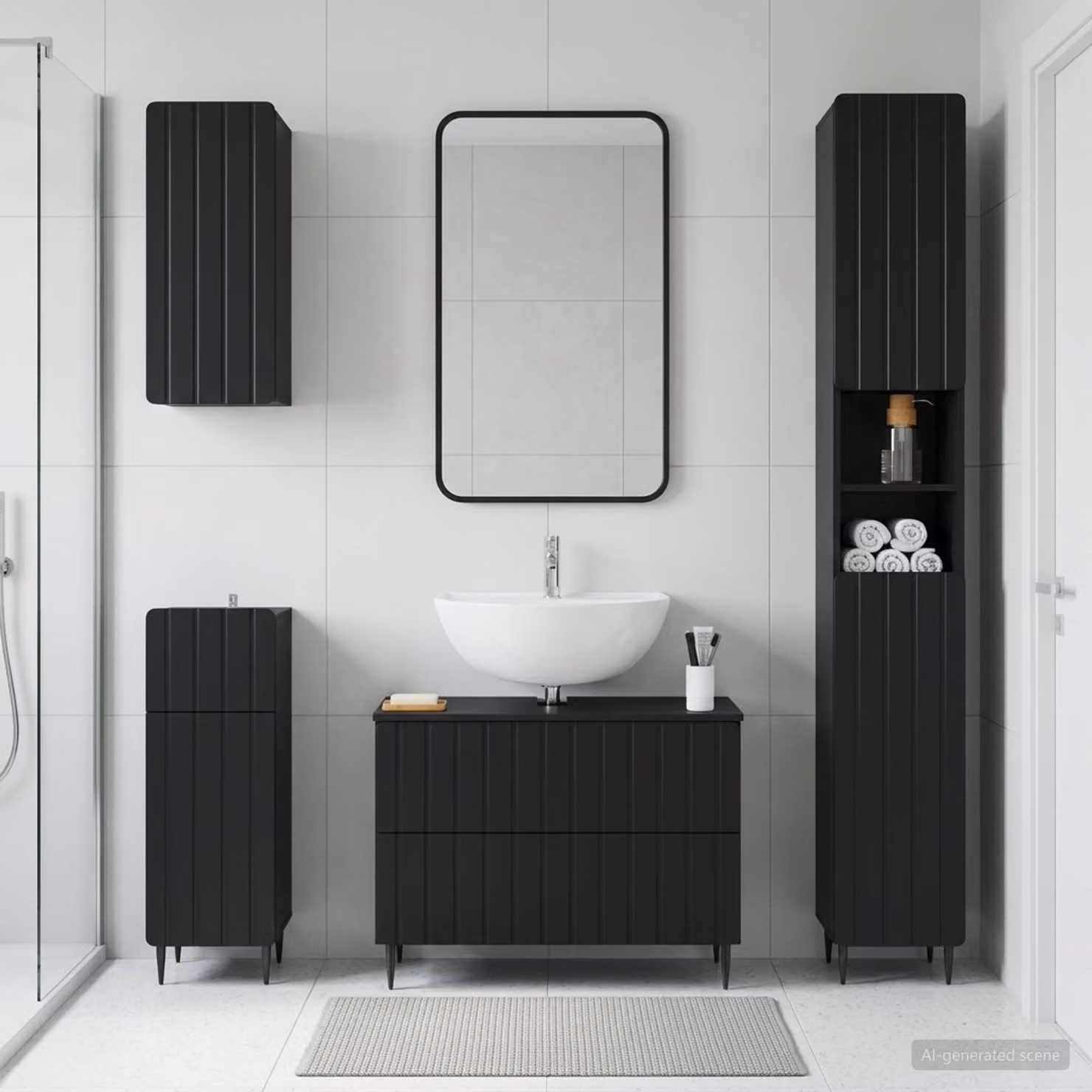 Set di mobili da bagno moderno vidaXL ZWOLLE nero in legno, composto da 4 pezzi con mobile lavabo e pensile a parete