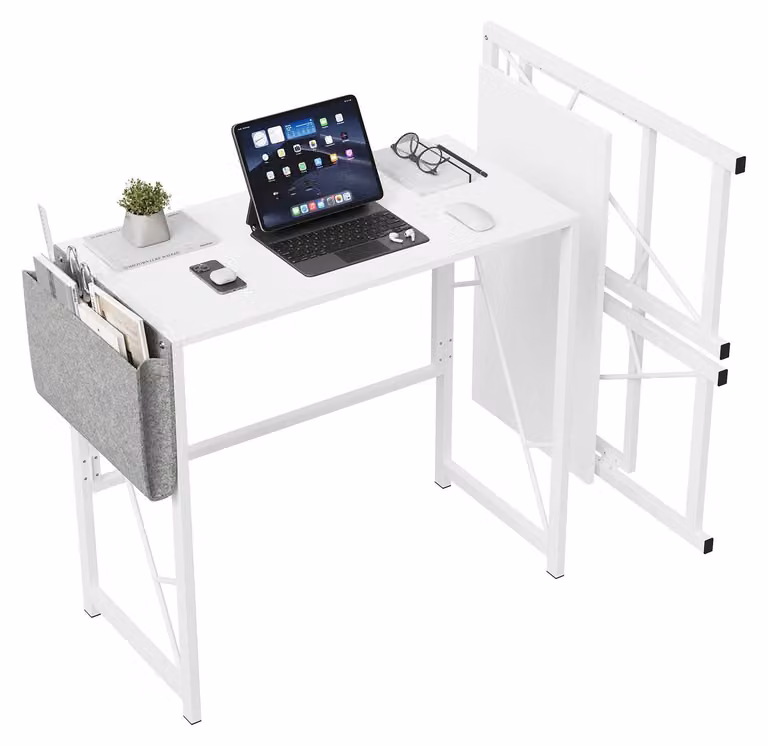 Scrivania 80 cm - Scrivania pieghevole - Ideale per piccoli spazi - Con borsa portaoggetti - Gancio per cuffie - Perfetta per l'ufficio domestico in camera da letto - Facile da montare - Colore: bianco