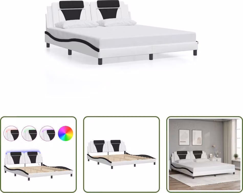 The Living Store Struttura letto con LED bianco e nero 180x200 cm in ecopelle