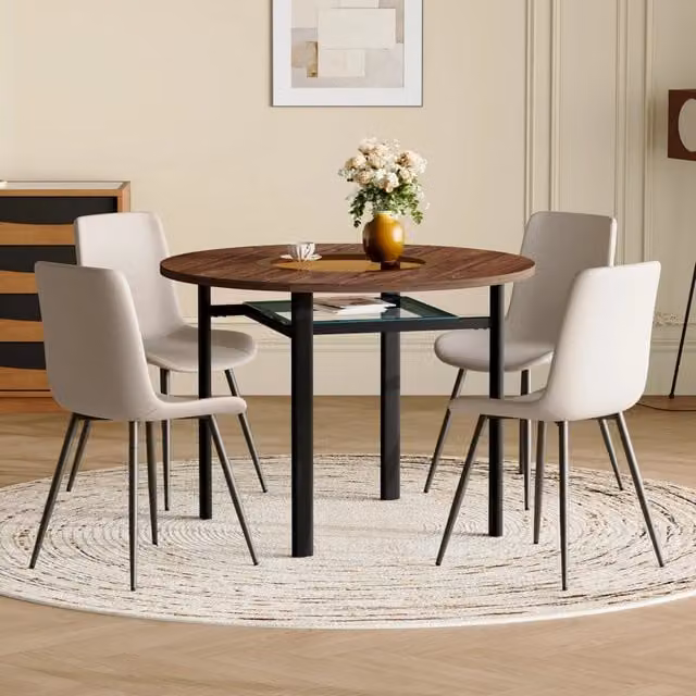Tavolo rotondo 100 cm con piano in vetro e ripiano; MDF; metallo e PU marrone; nero e grigio caldo