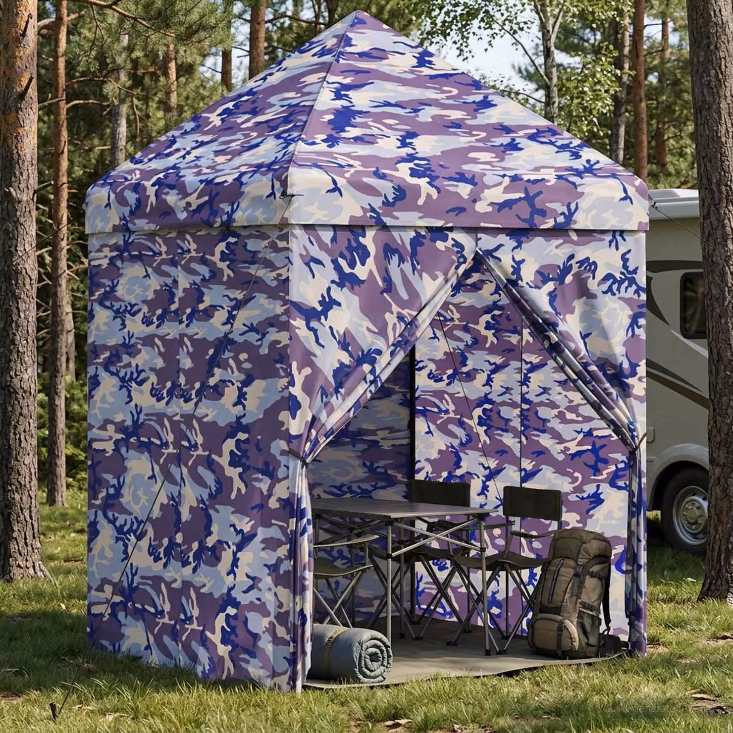 Gazebo Pop-up vidaXL con 4 Pareti Blu Cacciatore L/P: 2,9 x 2,9 m