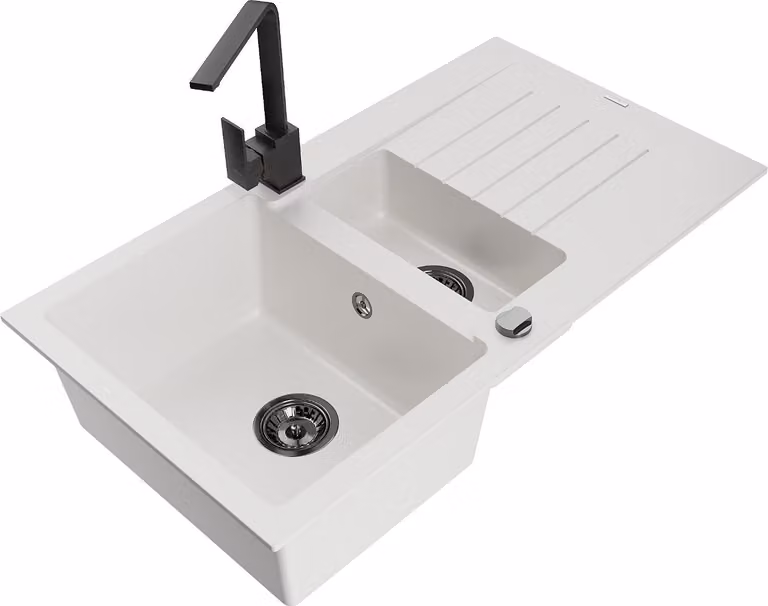 Mexen Matias lavello in granito 1,5 vasche con scolapiatti e miscelatore cucina Rita, bianco - 6502-20-670300-70