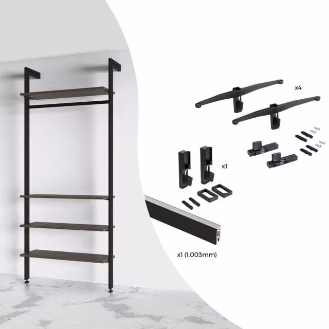 Kit di staffe per ripiano in legno con modulo e asta di sospensione da 1 m Zero di Emuca, colore Grigio pietra opaco