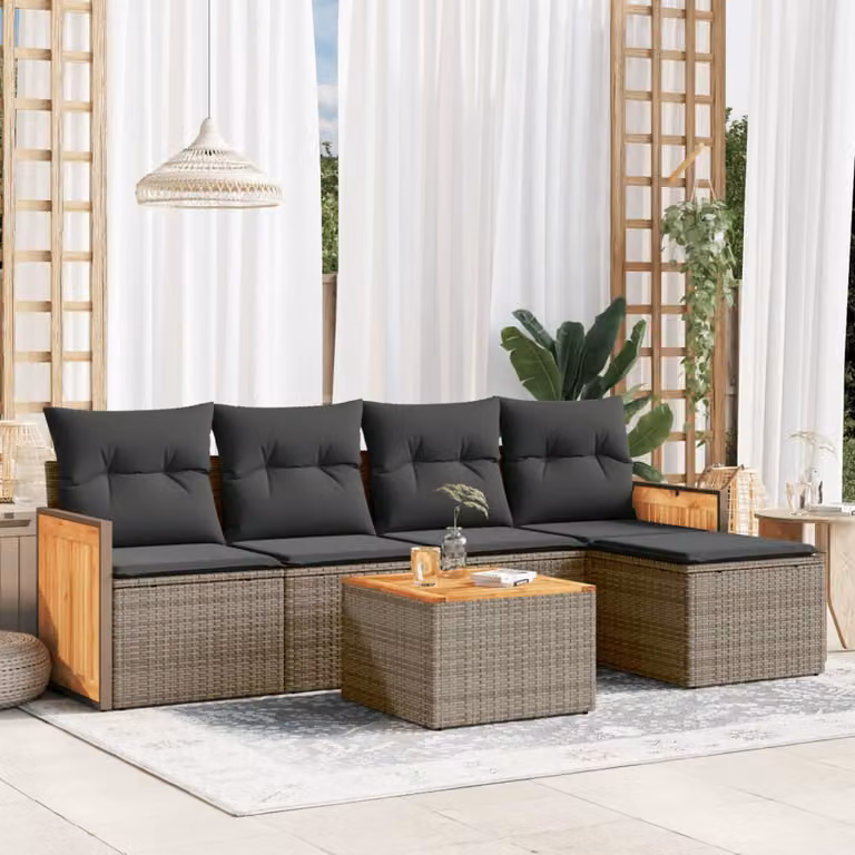 vidaXL Set Divano da Giardino 6 pz a L con Cuscini Grigio in Polyrattan e Legno di Acacia