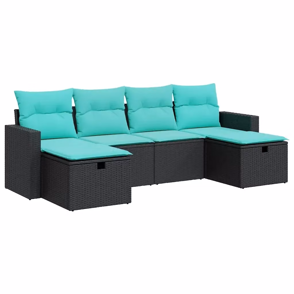Set Divano da Giardino a L vidaXL in Polyrattan con Cuscini, Nero, Blu o Turchese – 2