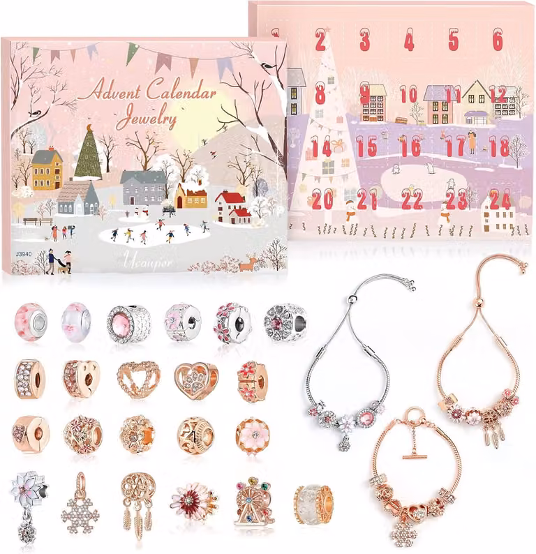 Calendario dell'Avvento Gioielli con 3 braccialetti regolabili 22 perline di fascino per ragazze donne Calendario di Natale regalo di Natale fai da te