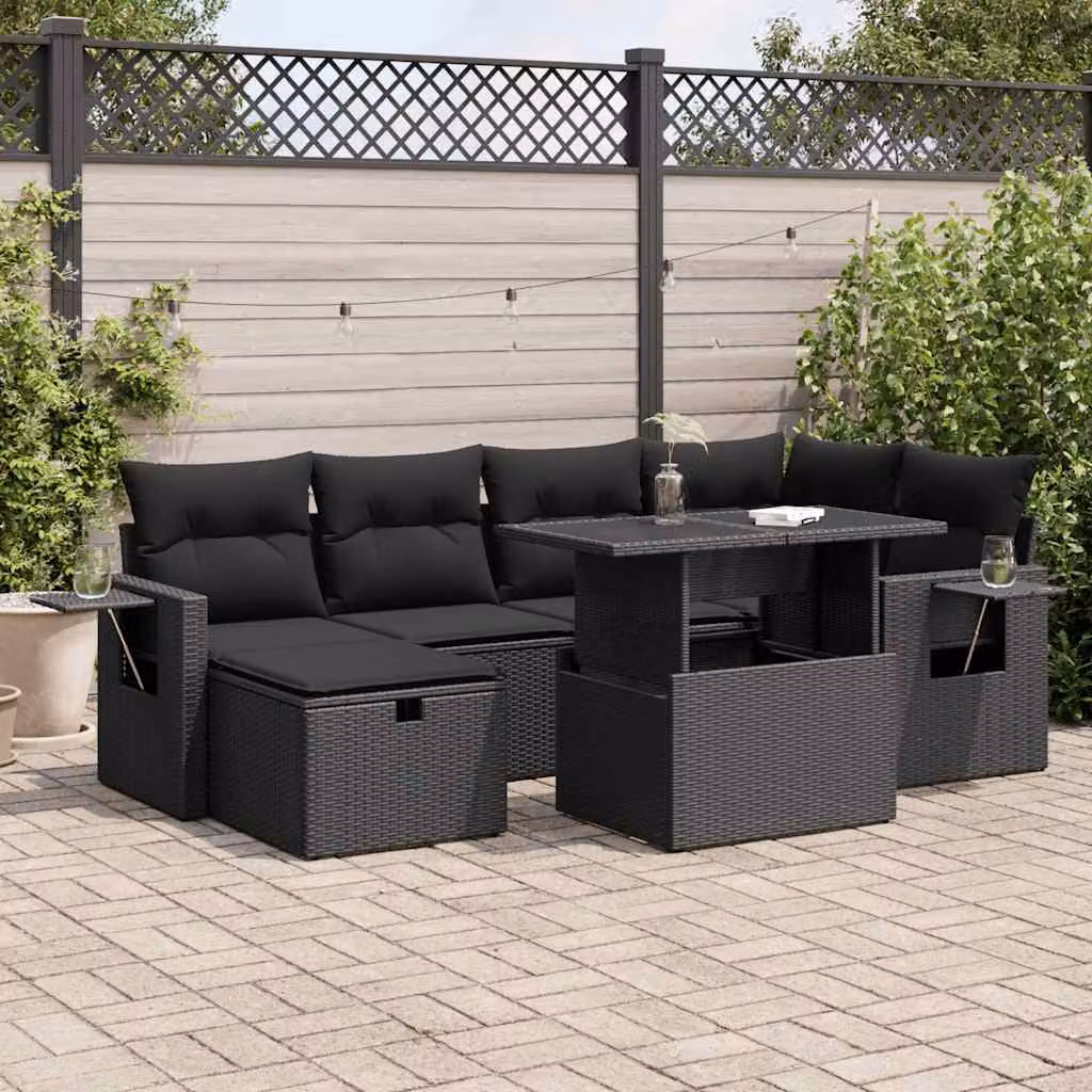 Set Divano da Giardino a L vidaXL in Polyrattan Nero con 7 Cuscini e Tavolino da Esterno