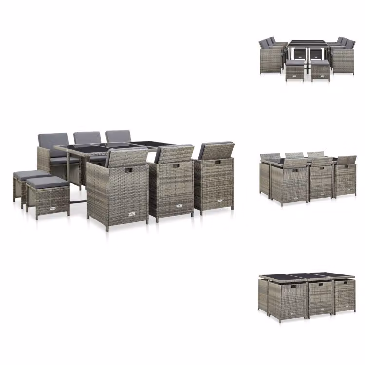 vidaXL set da pranzo da giardino 11 pezzi con cuscini in poly rattan grigio - Set di mobili da giardino