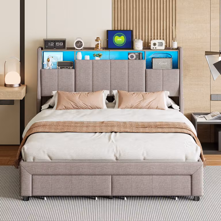 Letto imbottito per adulti 140 x 200 cm con illuminazione a LED e stazione di ricarica, contenitore, grigio