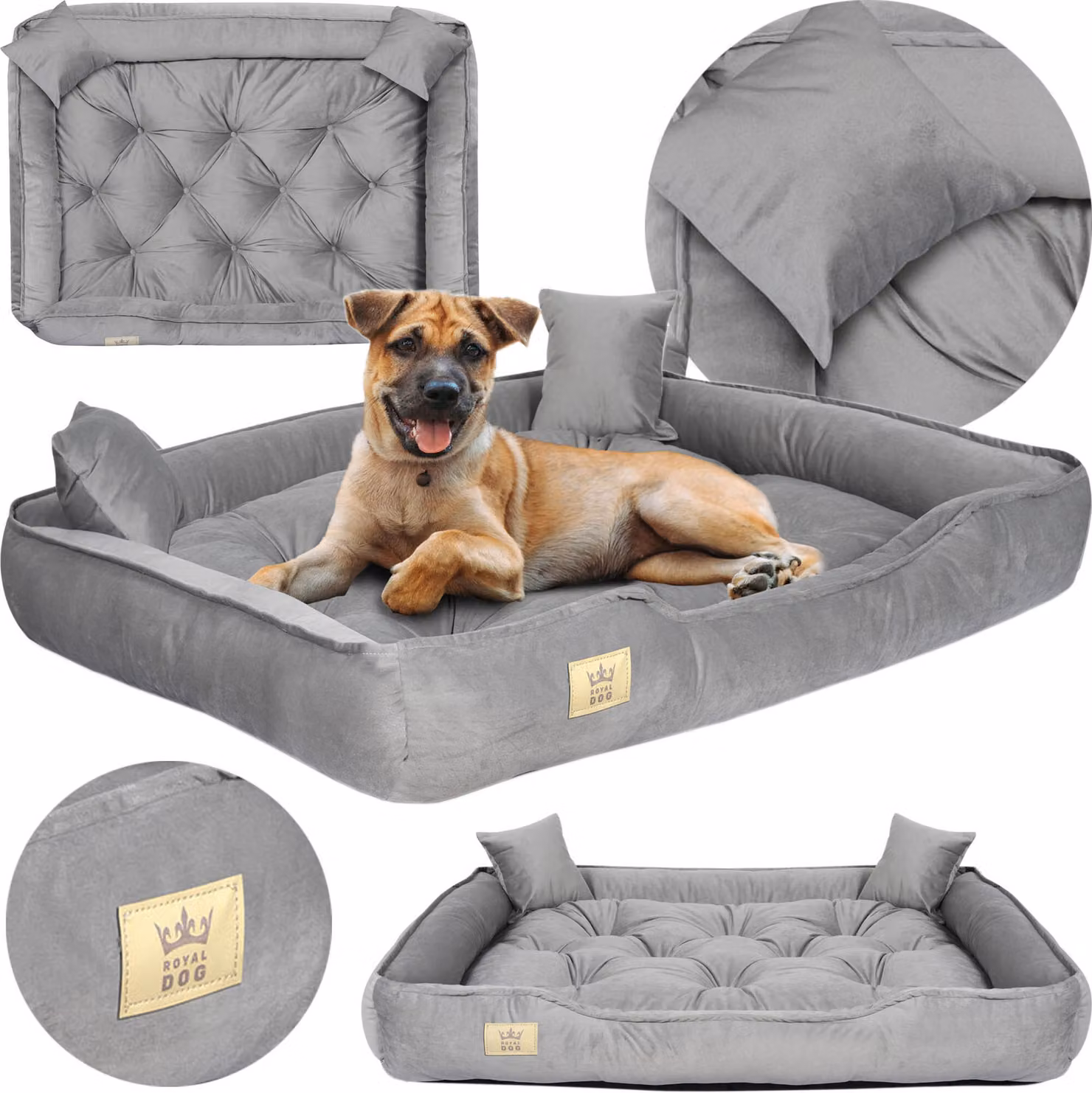 Cuccia per cani, lettiera, 115 x 95 cm, cuscini, divano, divanetto, recinto, velluto, grigio