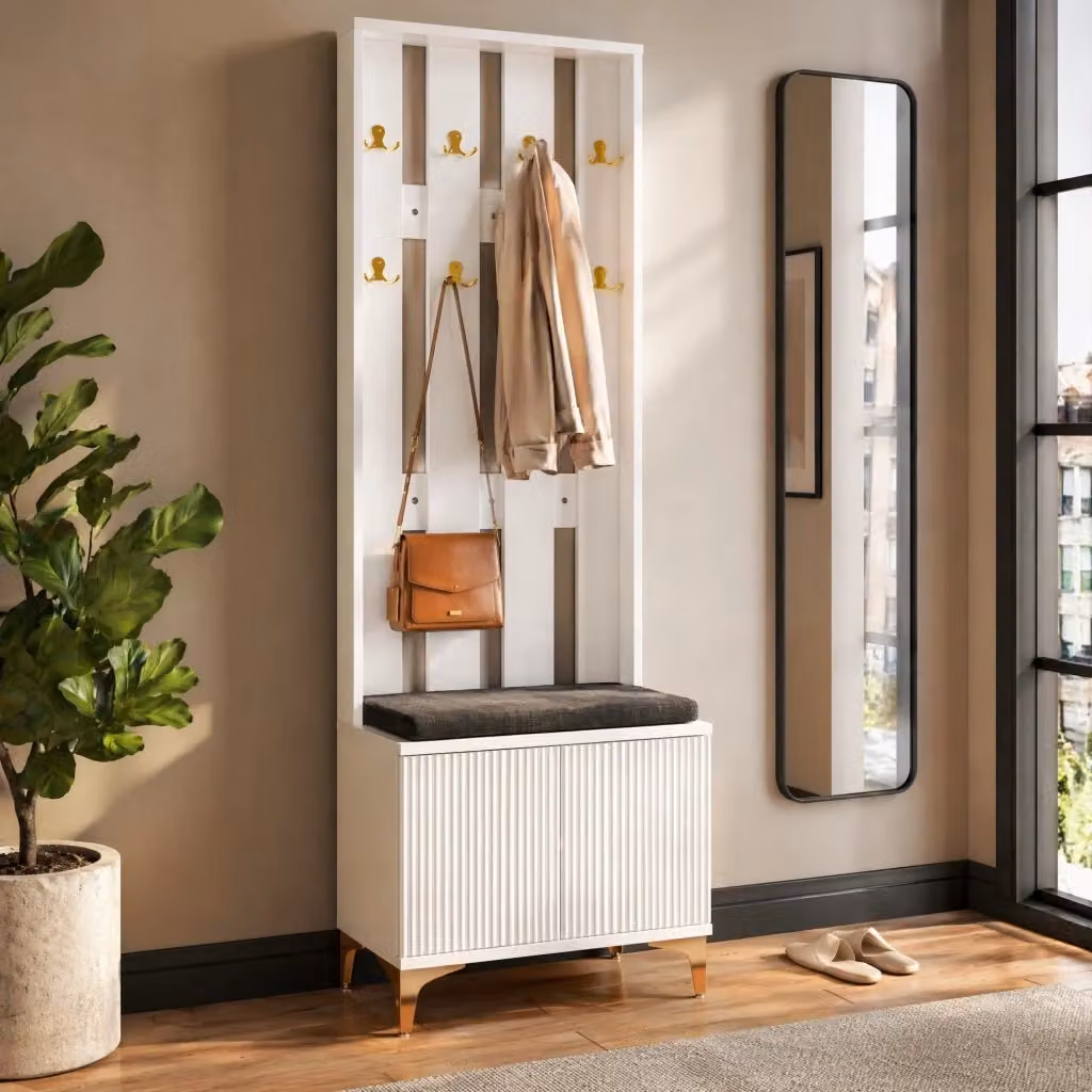 Armadio guardaroba REDOM con panca portascarpe e cuscino, L: 60,5 cm, H: 180,5 cm, P: 35,2 cm, Bianco – 2