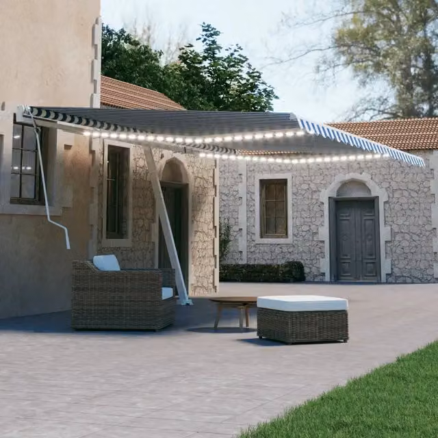 Tenda da Sole Retrattile Manuale con LED 600x300cm Blu e Bianco 3069601