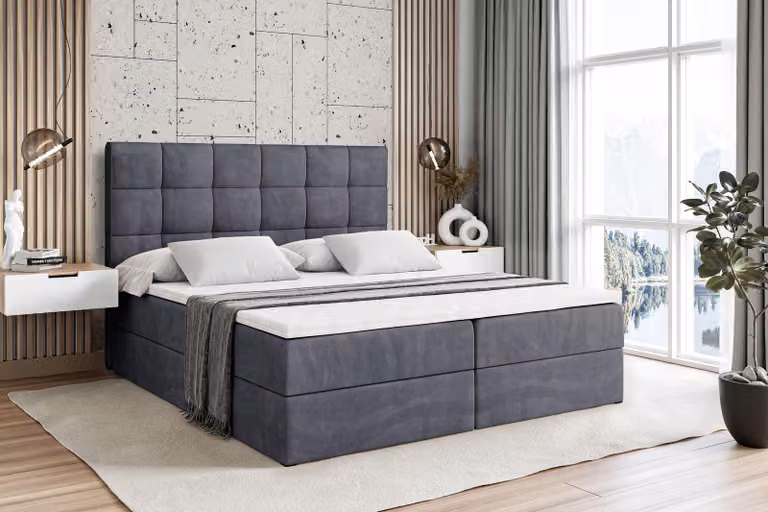 Letto boxspring ALTDECOR con materasso e rete a doghe - APO - 200x200 cm - Velluto grigio scuro - Letto boxspring, topper, letto imbottito con contenitore, letto con contenitore H4 - Materasso, letto matrimoniale, letto boxspring
