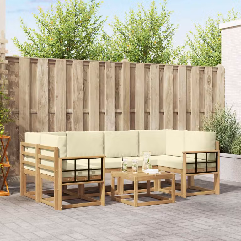 vidaXL Set di divani da esterno a L in legno di acacia con cuscini Bianco e Beige