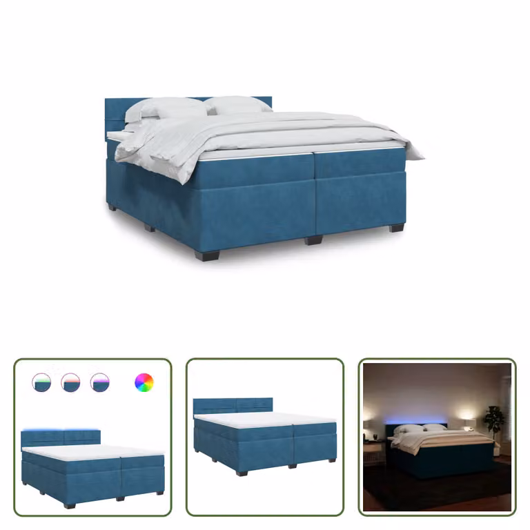 The Living Store Letto a molle con materasso blu 200x200 cm in velluto