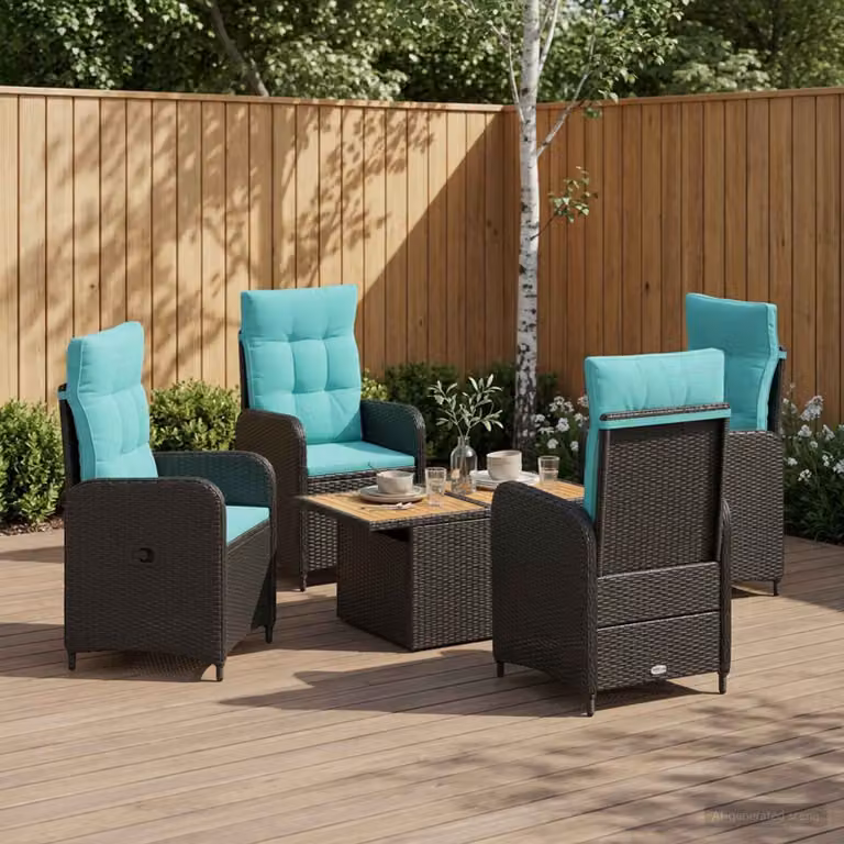 Set da pranzo per esterni vidaXL in polyrattan moderno da 5 pezzi nero e turchese
