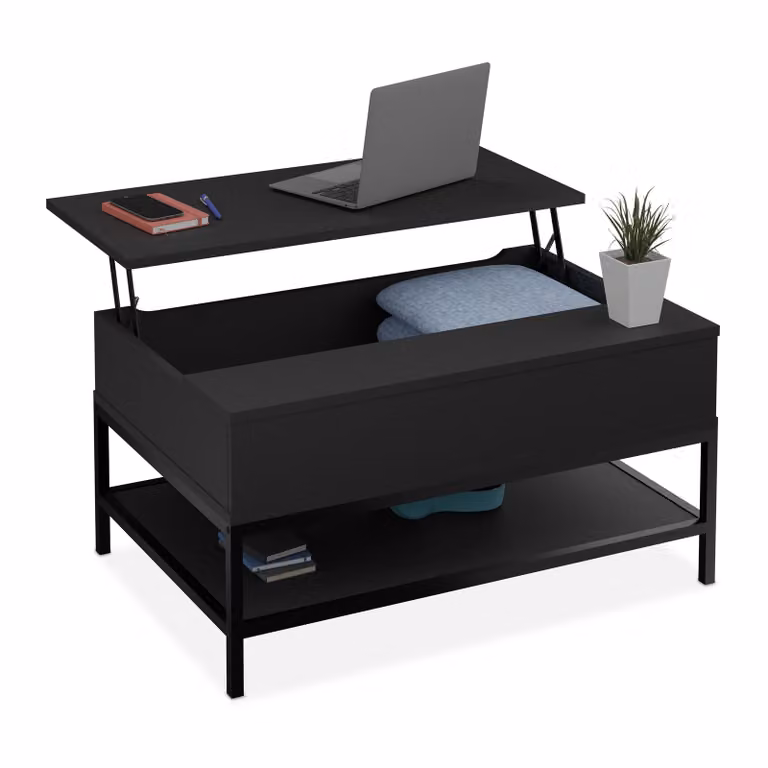 Tavolino da salotto ribaltabile Relaxdays, con ripiano, tavolino da salotto con vano portaoggetti, effetto legno, L x P x A: 45,5 x 90 x 60 cm, nero