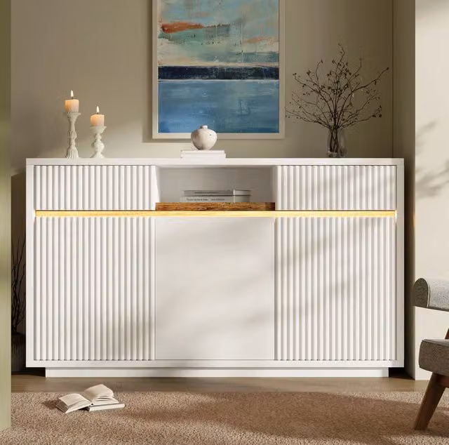 Madia bianca 140 x 40 x 85 cm con LED; 2 cassetti e ripiani regolabili