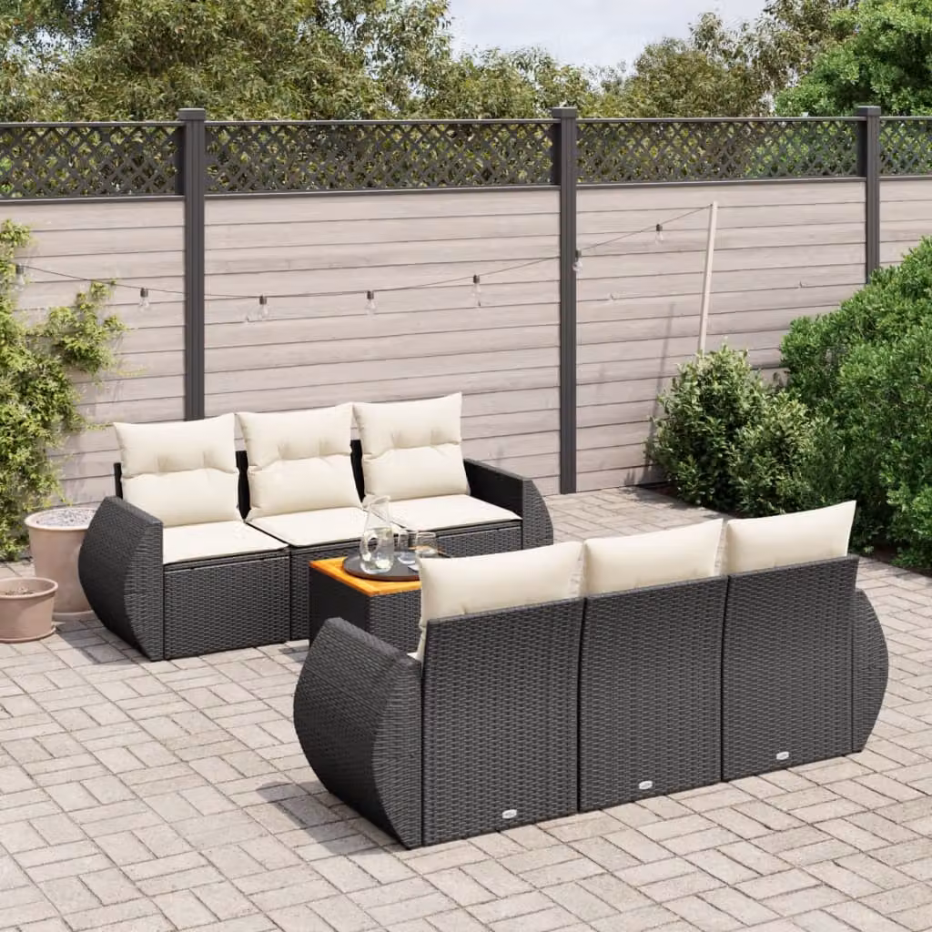 Set di Divani da Giardino vidaXL in Polyrattan Nero con Cuscini e Tavolino da Esterno – 1