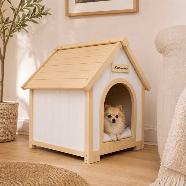 Casetta in legno con cuscino rimovibile per interni; legno; crema bianco
