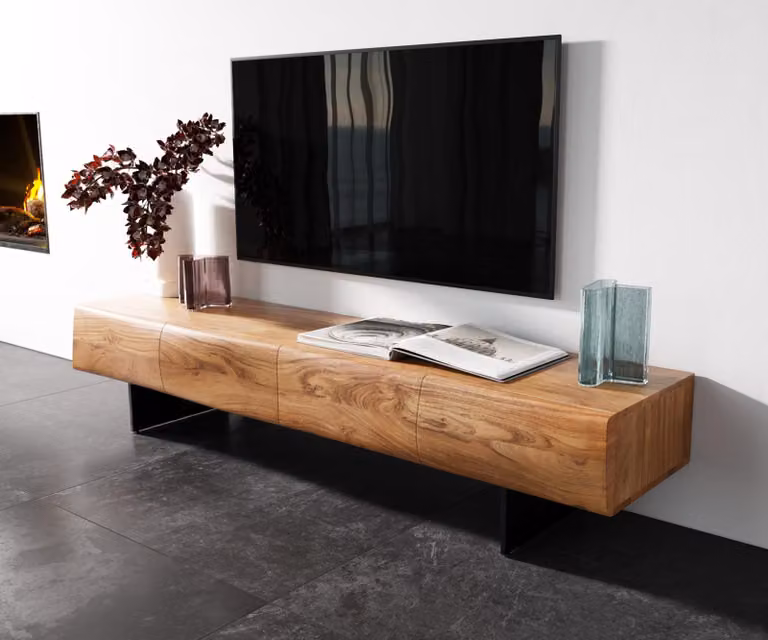 DELIFE Mobile basso New Live-Edge 175 cm Acacia naturale 4 ante con piedini sospesi in metallo nero