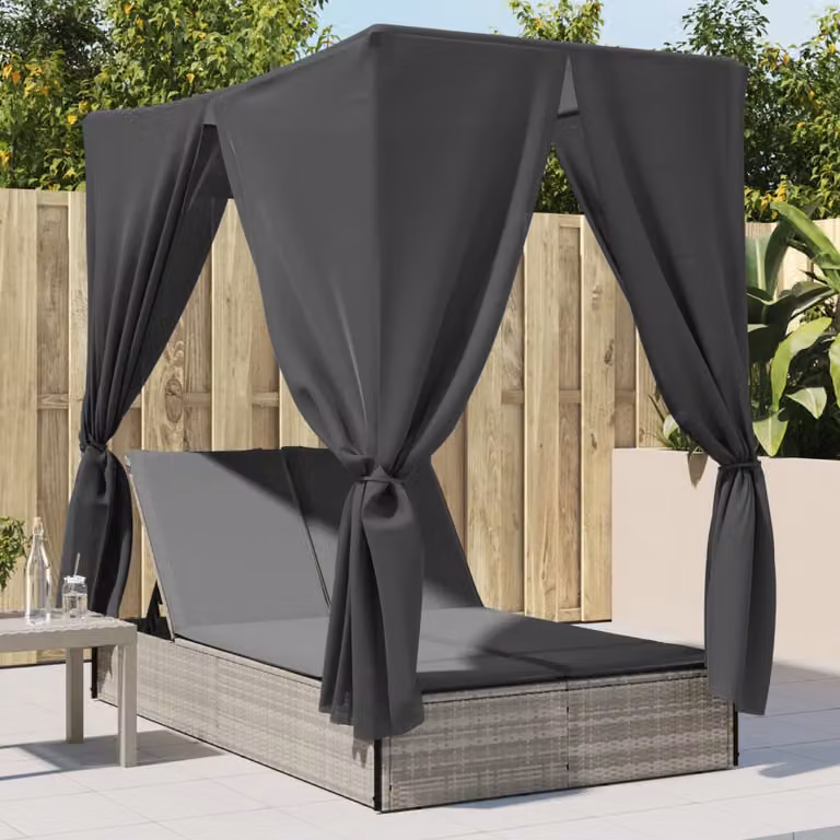 vidaXL Lettino Prendisole in Polyrattan Grigio Chiaro con Tenda Parasole e Poggiatesta Regolabile