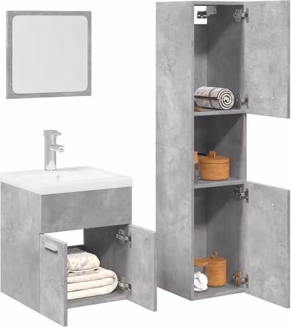 Set Mobili da Bagno Moderno vidaXL in Grigio con Mobile Lavabo, Armadio Alto e Pensile con Specchio