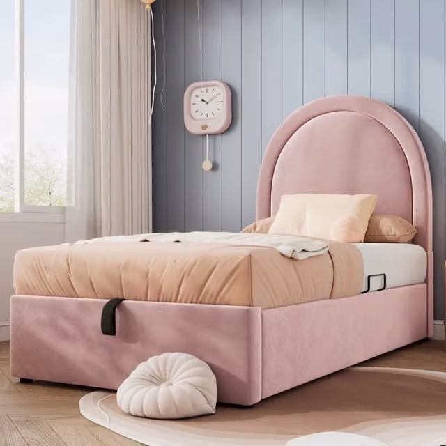 Letto singolo imbottito 90 × 200 cm con vano contenitore in velluto rosa con testiera e rete a doghe idraulica