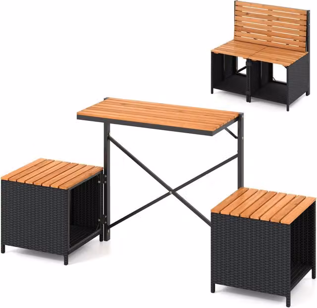 Set di mobili da giardino in rattan PE con letto rialzato, tavolo e sedie con spazio di stoccaggio per veranda e terrazza, colori nero e marrone
