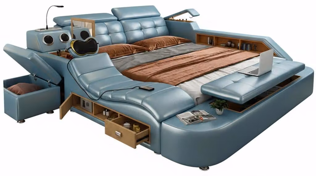 Letto multifunzionale, stile moderno, colore blu, struttura in legno, comodo