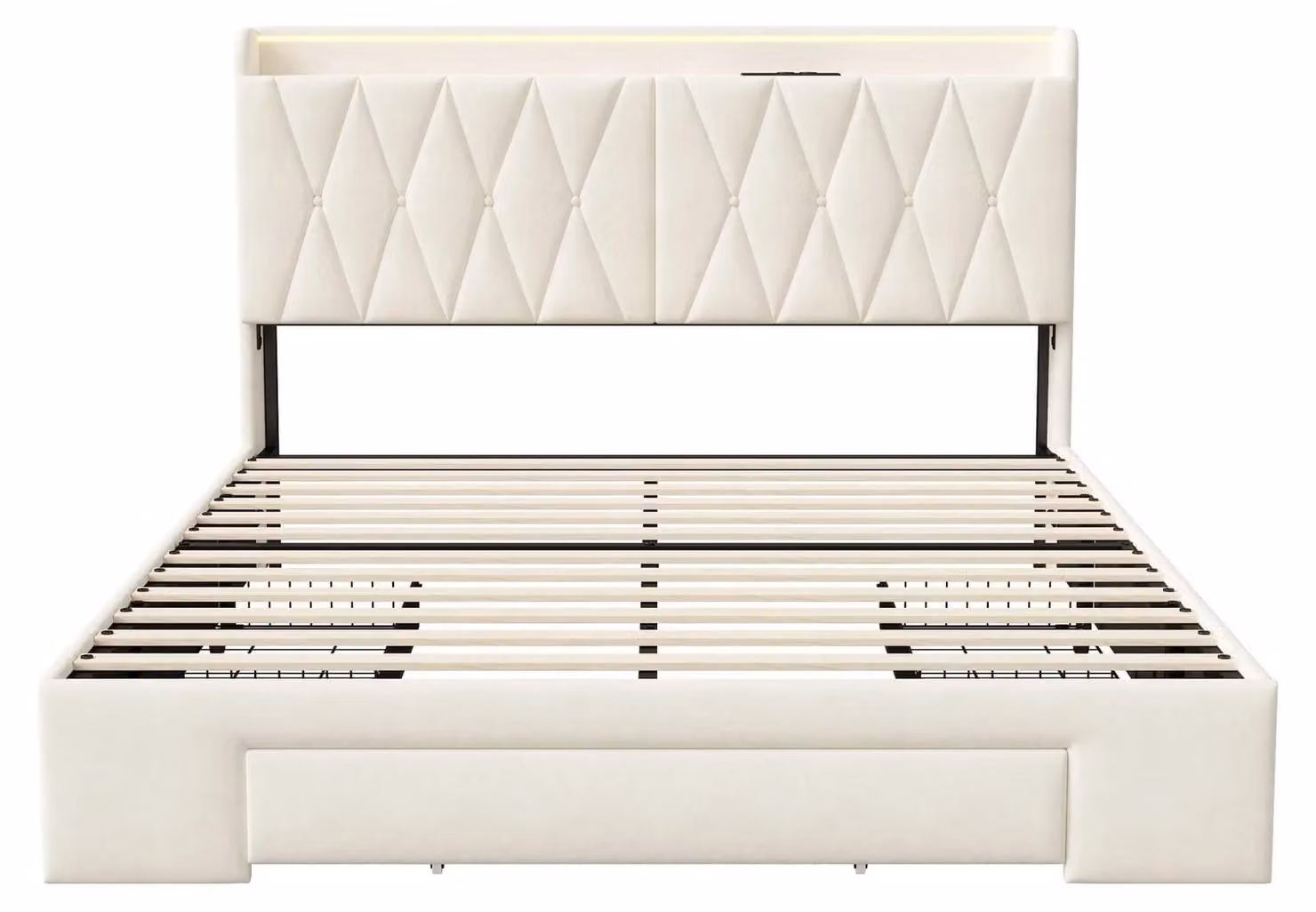 Letto con contenitore - Letto imbottito - Cassetti e testiera con contenitore - Velluto - 140x190 cm - Senza materasso - Beige