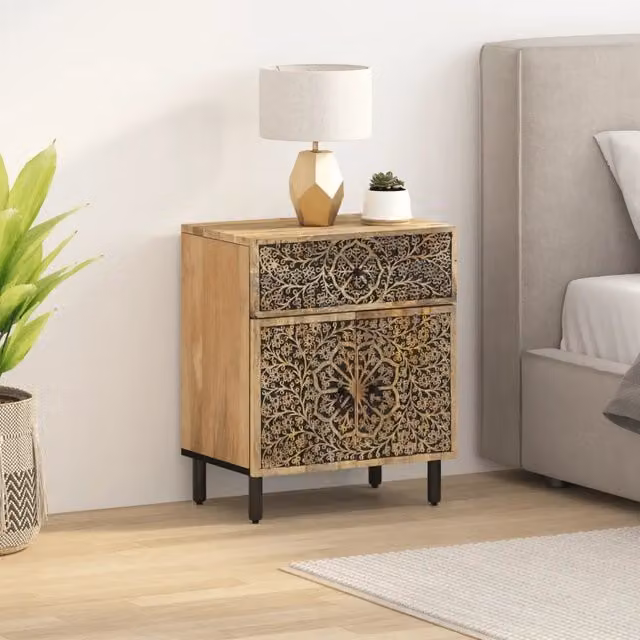 Comodino vidaXL in legno di mango marrone con design retro e decorazione floreale L: 50 cm, P: 33 cm, H: 60 cm