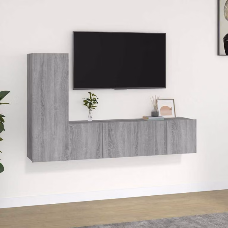 Set di mobili porta TV da 3 pezzi vidaXL in legno multistrato, colore grigio, design classico a parete per il tuo soggiorno