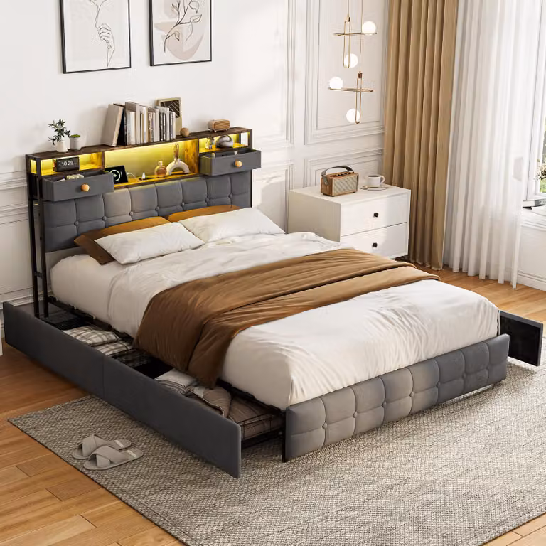 Letto imbottito UnboxG 160x200 cm con USB, letto per ragazzi/doppio con 4 cassetti, letto contenitore in legno massello con LED e rete a doghe, in velluto, colore grigio