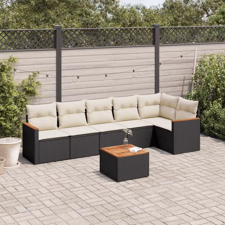 vidaXL Set Divani da Giardino a L con Cuscini 7pz in Polyrattan Nero e Bianco con Tavolino da Caffè e Cuscini Decorativi