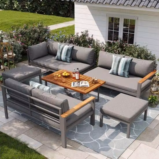 Set di sedute resistente alle intemperie per 7-8 persone, gruppo di arredi moderni per terrazza con struttura in acciaio inossidabile