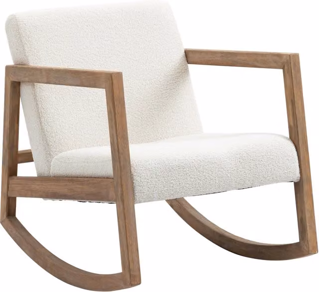 Sedia a dondolo Chicfurn con cuscino imbottito in tessuto bianco e struttura in legno di gomma per soggiorno e camera da letto