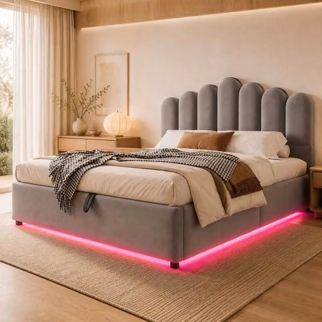 Letto imbottito 140 × 200 cm con vano contenitore idraulico; LED e velluto grigio