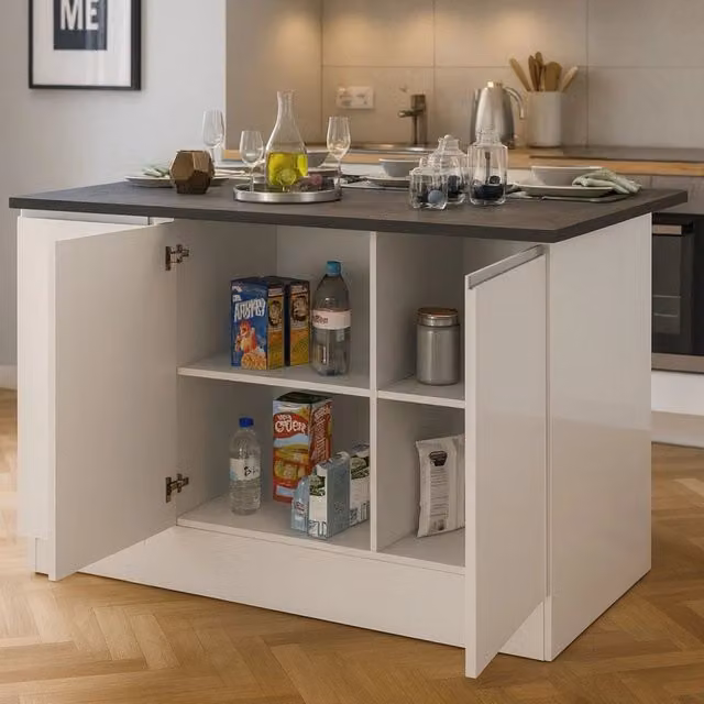 Isola da cucina Tartaro DMORA con 3 ante e ripiani interni, Bianco lucido e Ardesia, L: 155 cm, P: 90 cm, H: 90 cm – 1