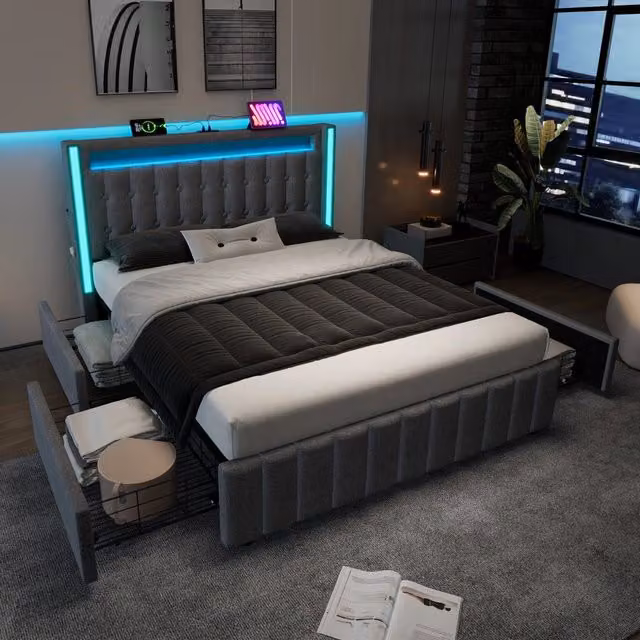 Letto contenitore 160 × 200 cm con 4 cassetti, USB e Type-C, LED regolabile, materasso incluso, grigio