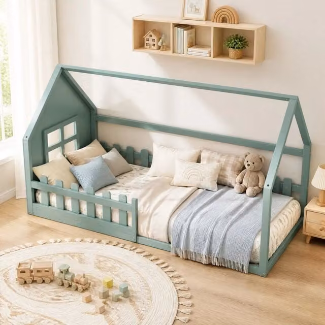 Letto per bambini 90x200 cm a forma di casetta in pino e MDF, colore verde