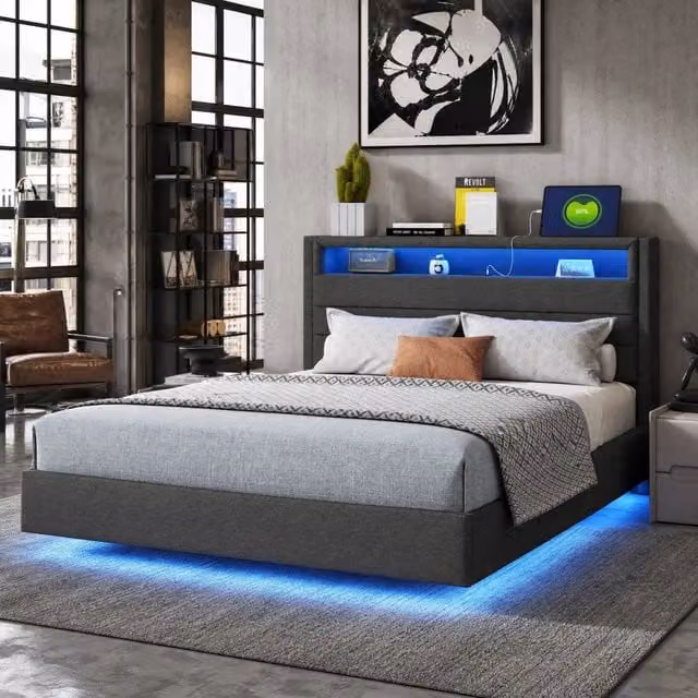 Letto matrimoniale imbottito 140 × 200 cm con LED e presa USB testiera reversibile tessuto grigio piedi nascosti