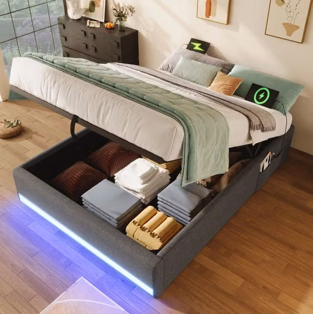 Letto imbottito ULEVR 90x200 cm con contenitore idraulico, LED multicolore, USB e Type-C, lino grigio